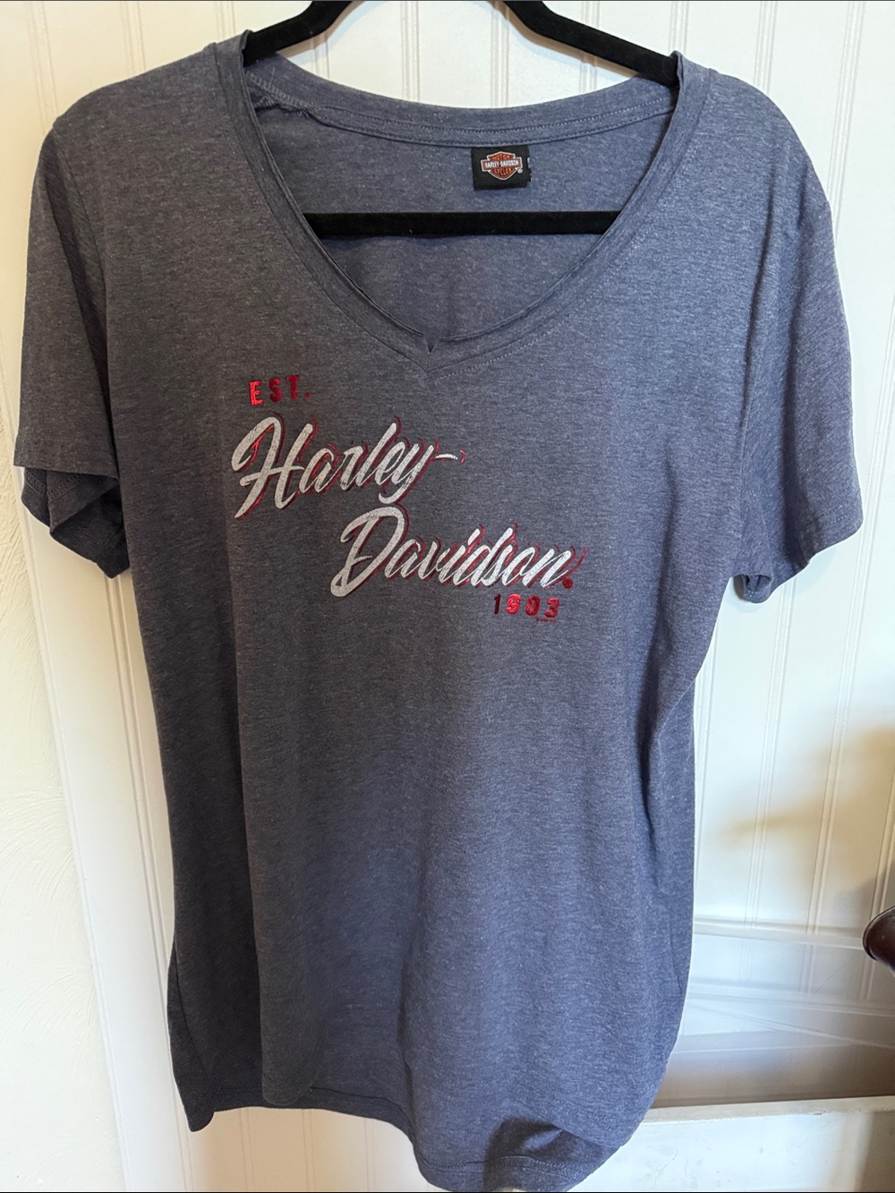 Harley-Davidson Heather blue V-Neck Script Logo Tee Dubois